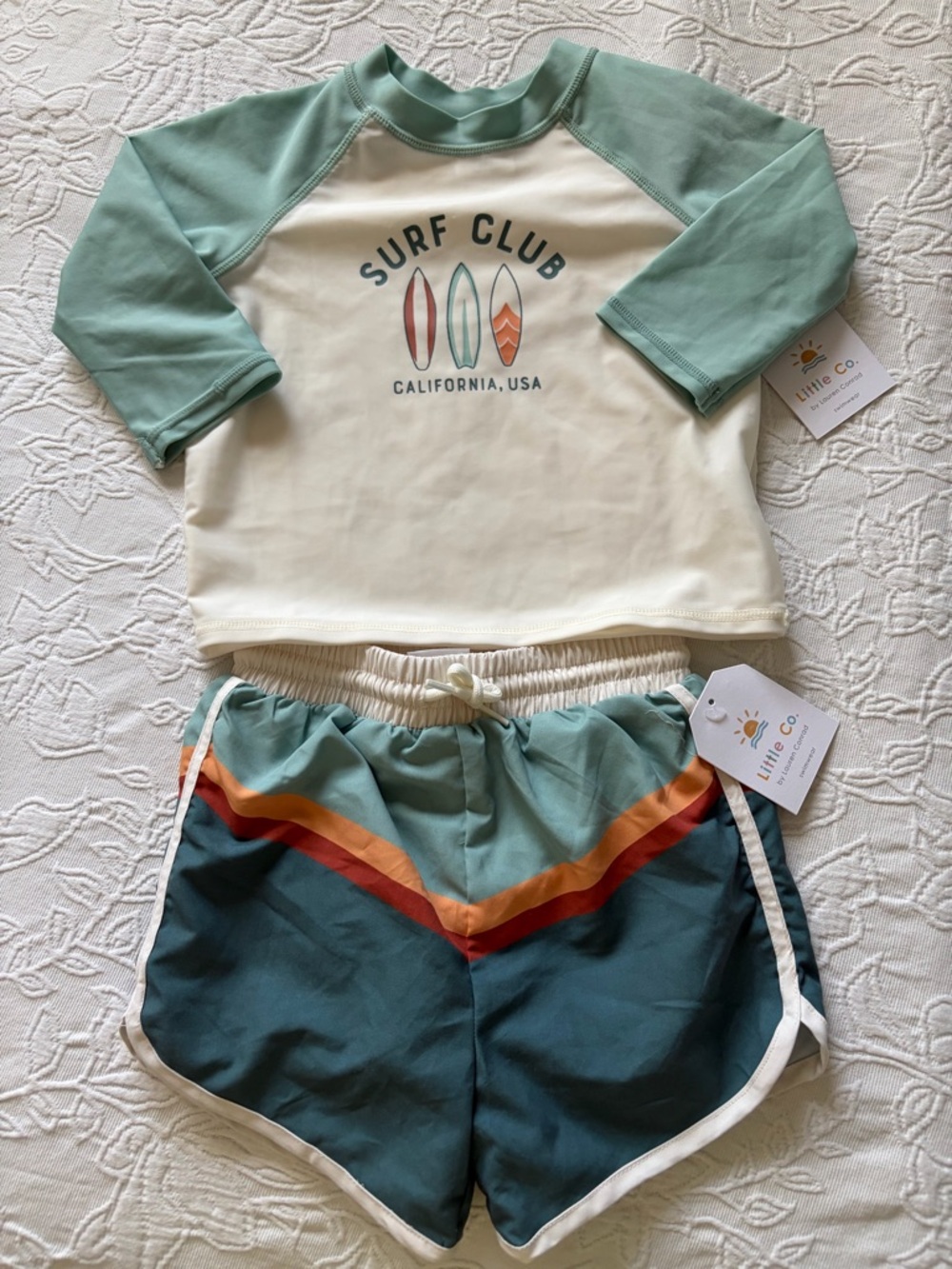 Little co Kids Surf Club Rash Guard Set in Seafoam & Cream bathing suit new 24m